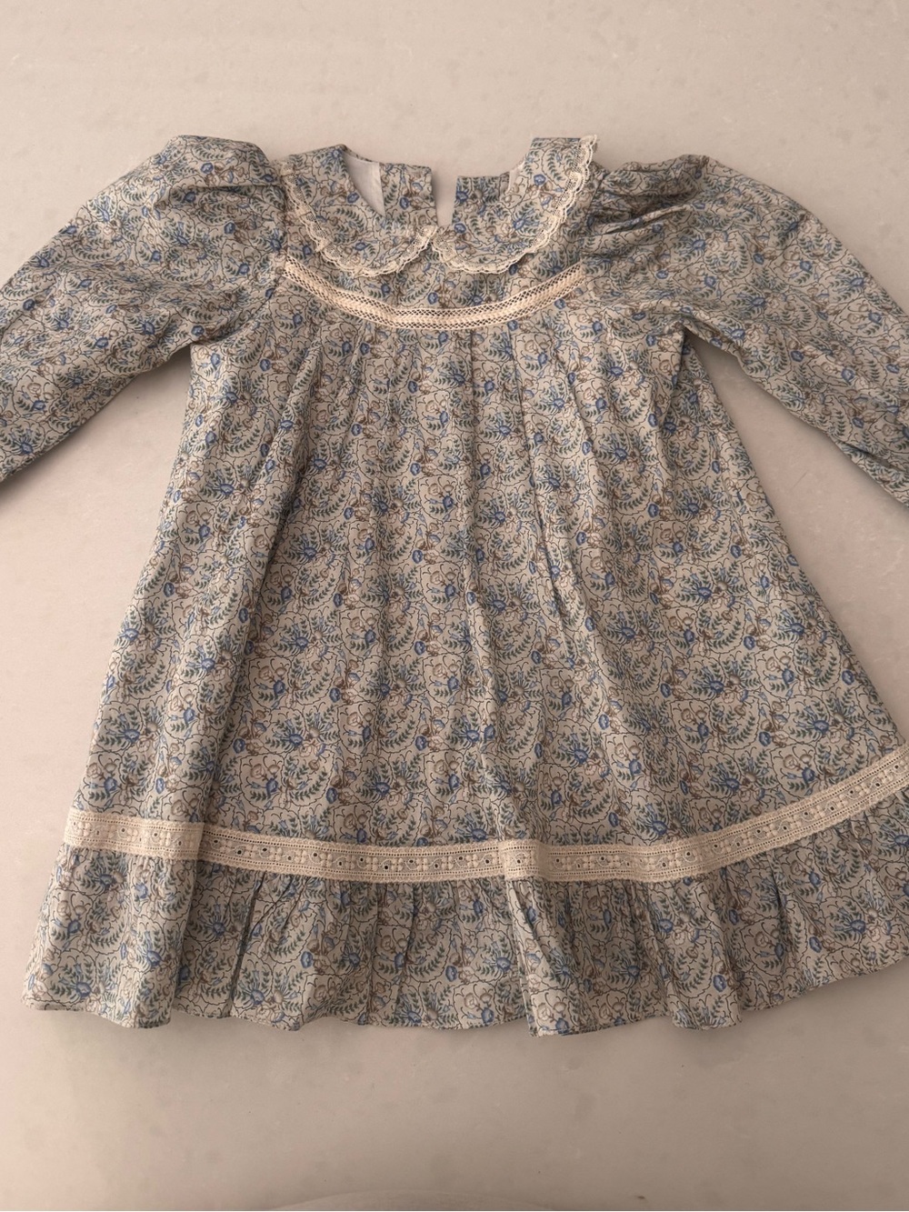 Strawberries & Cream - Classic Blue Floral Lace-Trim Kids Dress